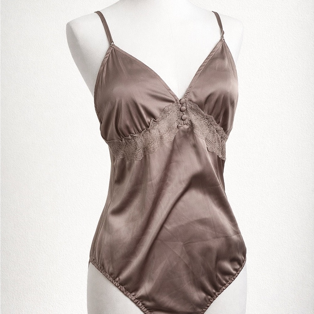 ZARA Satin Lace Trim Bodysuit – Taupe Romantic Camisole M